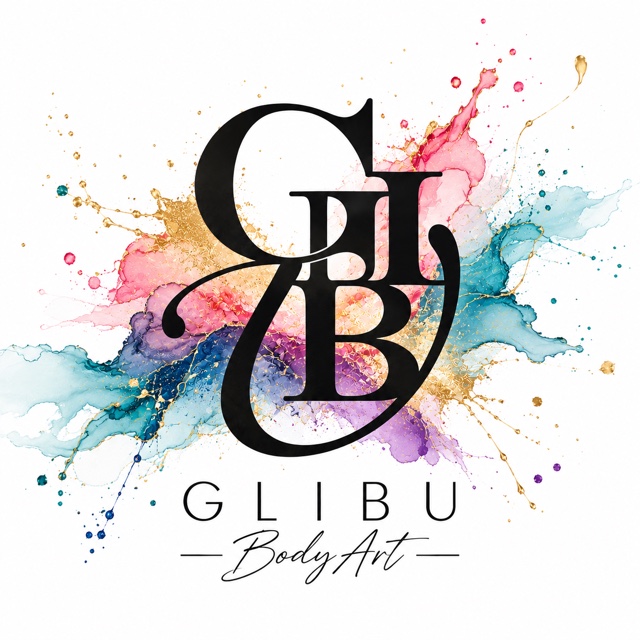 GLIBU Body Artのロゴ。水彩のインクが広がる中に、GLIBUのモノグラム